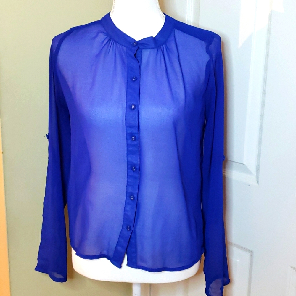 EUC blue sheer button-down shirt